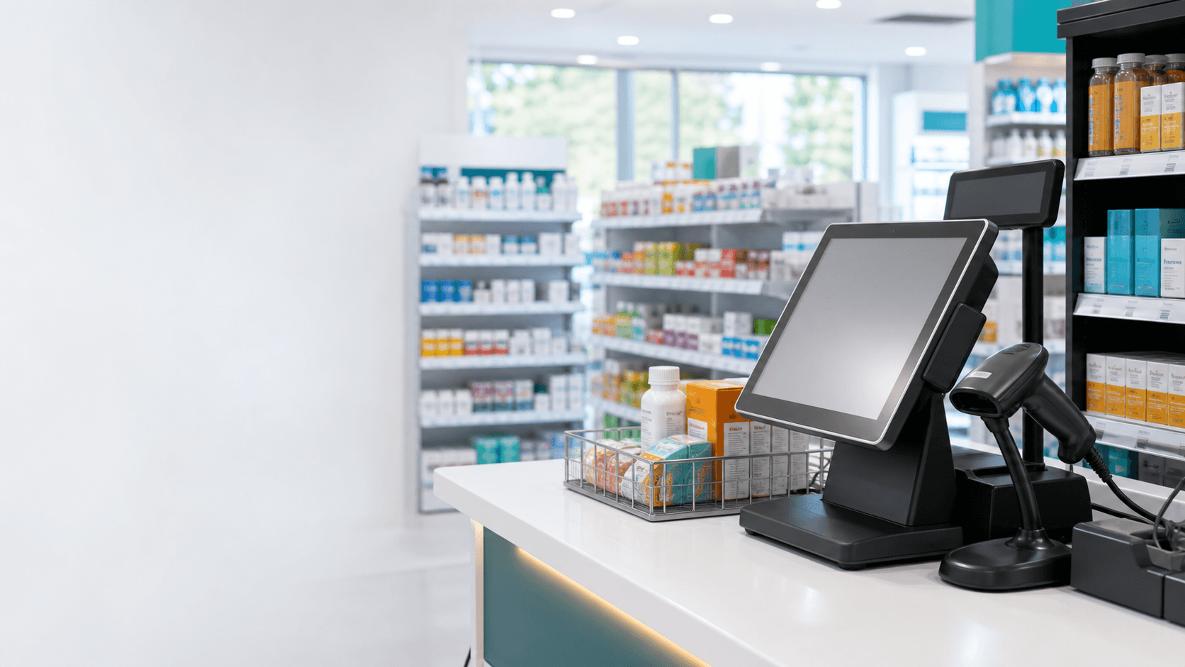 Modern retail checkout counter with POS terminal and product shelves